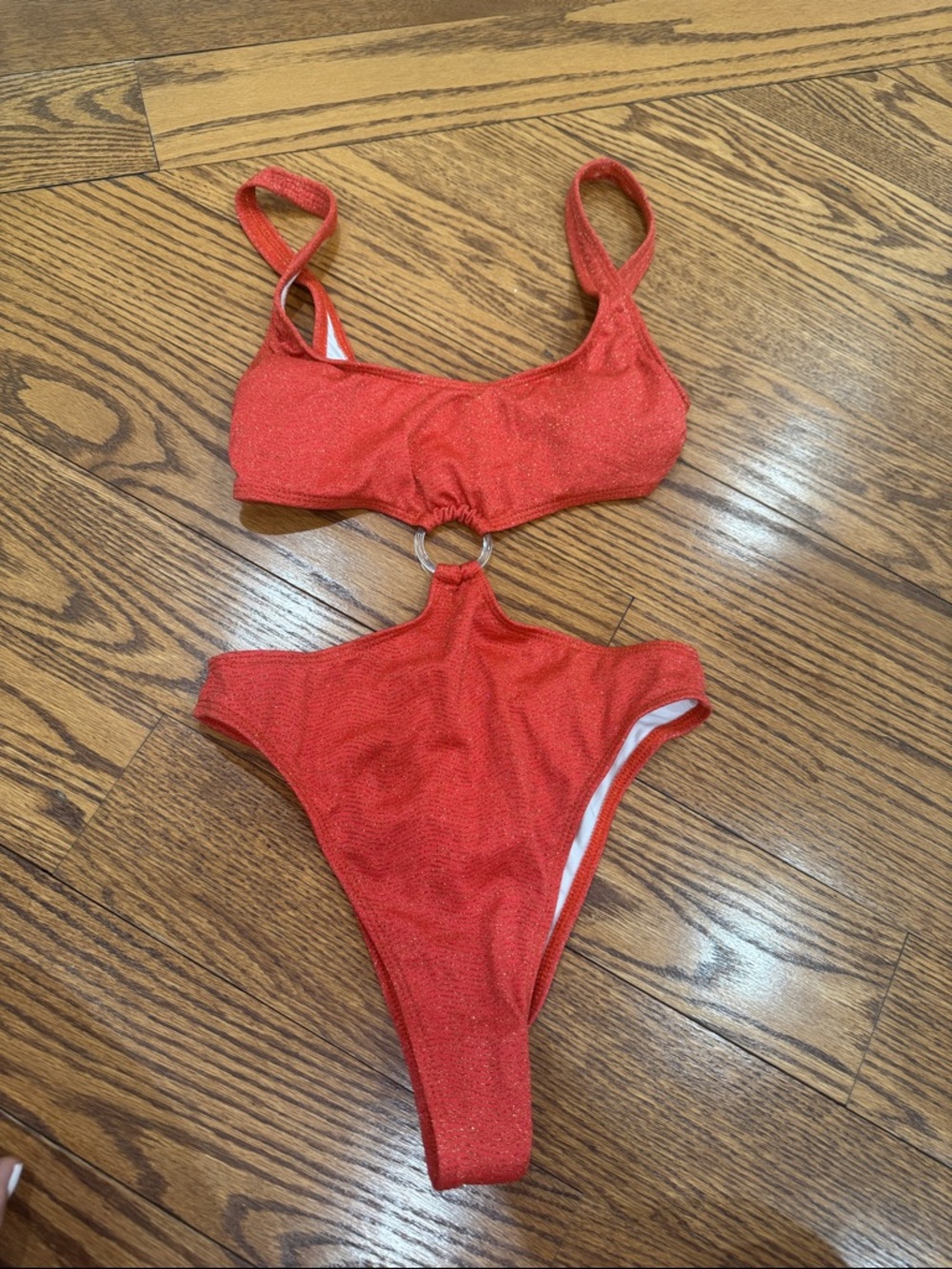 Lulu's Shimmery Red Cutout One-Piece Swimsuit with Ring